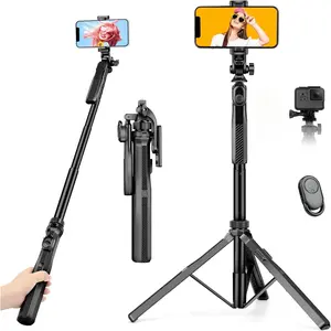Phone tripod, 69 "selfie stick tripod for iPhone with remote, lightweight travel tripod &amp; 360 &deg; rotation, compatible with iPhone Android GoPro for selfie/video recording/live streaming/vlogging