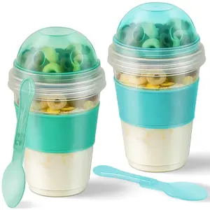 Yogurt Parfait Cups With Lids, 20oz Reusable Oats Containers, Overnight Oats Cup With Lid, Breakfast Meal Prep Container, Portable Yogurt Cup With Spoon, Lightweight Snack Cup With Lid, Parfait Cups With Topping Compartment, Reusable Breakfast Cups.