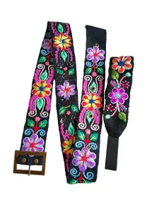 Floral Hand Embroidered Belt Headband Set Handmade Accessory