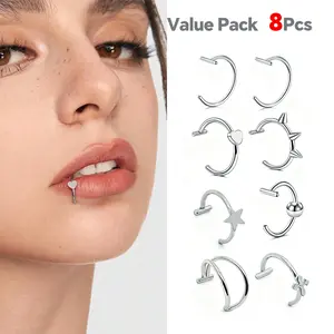 Adjustable Surgical Steel Fake Lip Rings 8pcs Set Non-Piercing Fake Lip Piercing Lip Cuff Jewelry for Women & Men Multiple style piercing punk jewelry Halloween Gift