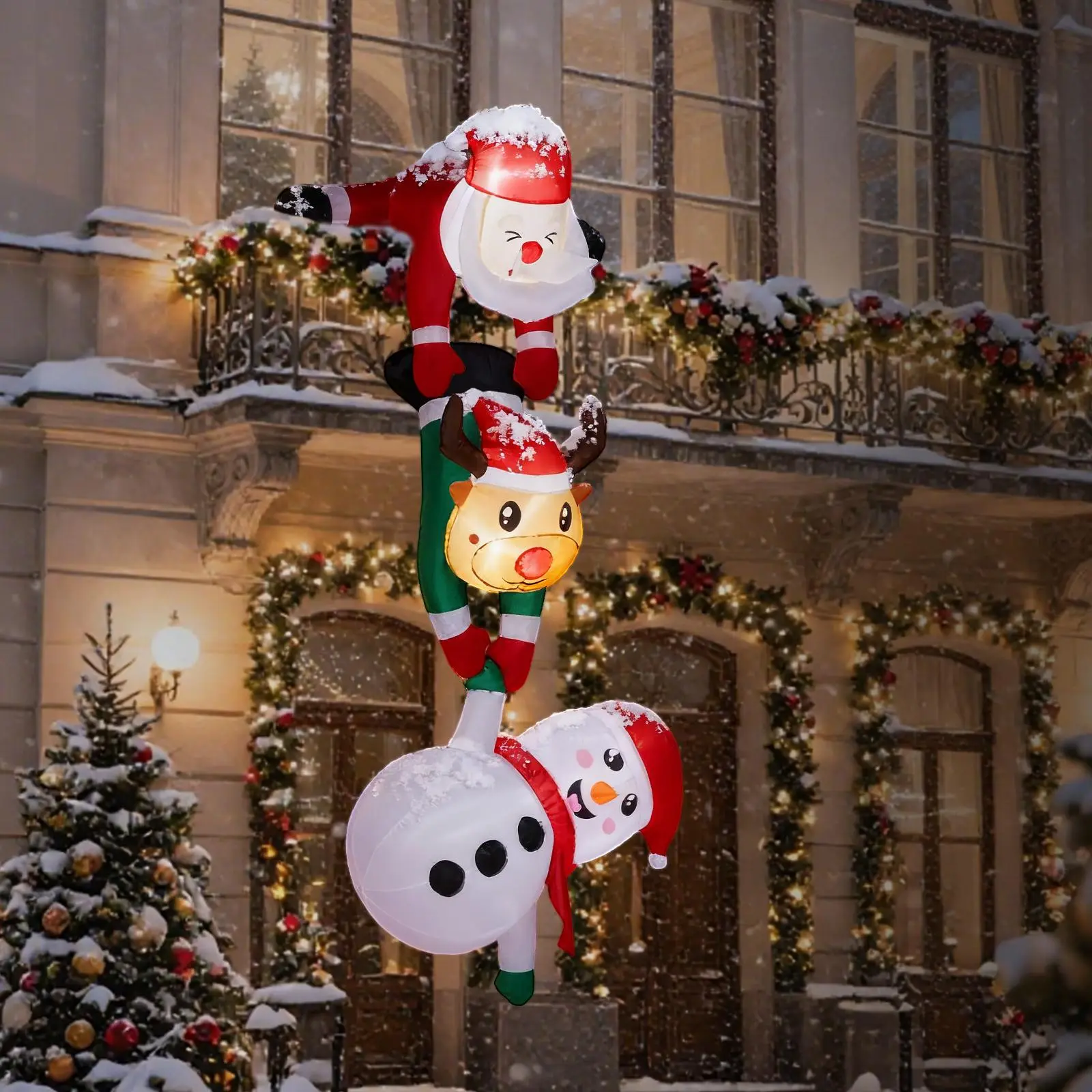 7.5FT Lighted Plastic Christmas Inflatable Decoration Set - Hanging Santa, Reindeer, Snowman with Built-in LED Lights, Magical Backdrop for Holiday Party Photo, Front Yard Lawn Decor