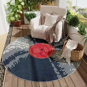 Round Soft Plush Carpet with Record Pattern, Modern Indoor Rug, Contemporary Rugs for Bedrooms and Living Rooms, Durable and Comfortable Home Accessory