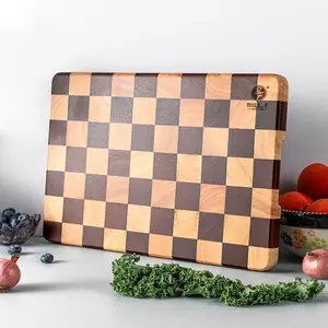 Bill.F Rubberwood End-Grain Cutting Board, 14.2" x 9.4" Checkerboard Butcher Block, 1" Thick Wooden Cutting Board for Kitchen Meal Prep & Serving