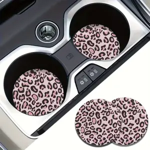 2-Pack Rubber Car Coasters, Pink Leopard Print, Durable & Easy to Clean, Universal Fit for Vehicles, SUVs, Trucks, Stylish Interior Accessories, Car Interior Accessories Girls