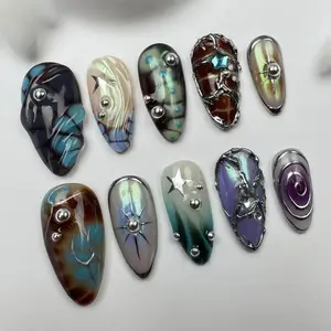 NEW 10Pcs Handmade Acrylic Press On Nails, Hologlitch Stars Nails, REUSABLE Chrome Galaxy Nail Art, Celestial Fantasy Style, Artist Faux Nails