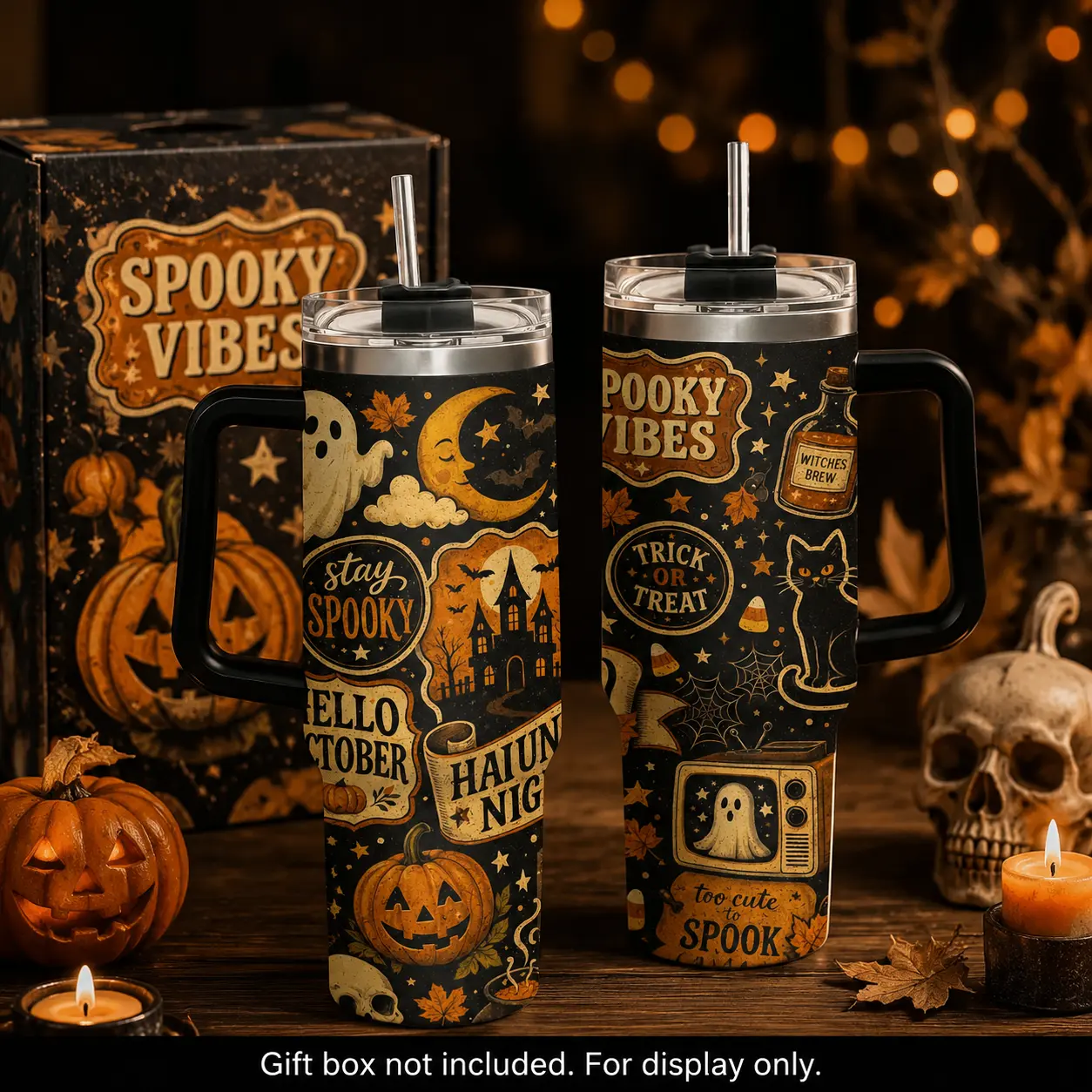 Halloween Tumbler, Spooky Vibes Travel Cup, Vintage Ghost Pumpkin Black Cat Coffee Tumbler, Cute October Gift, 40oz Tumbler