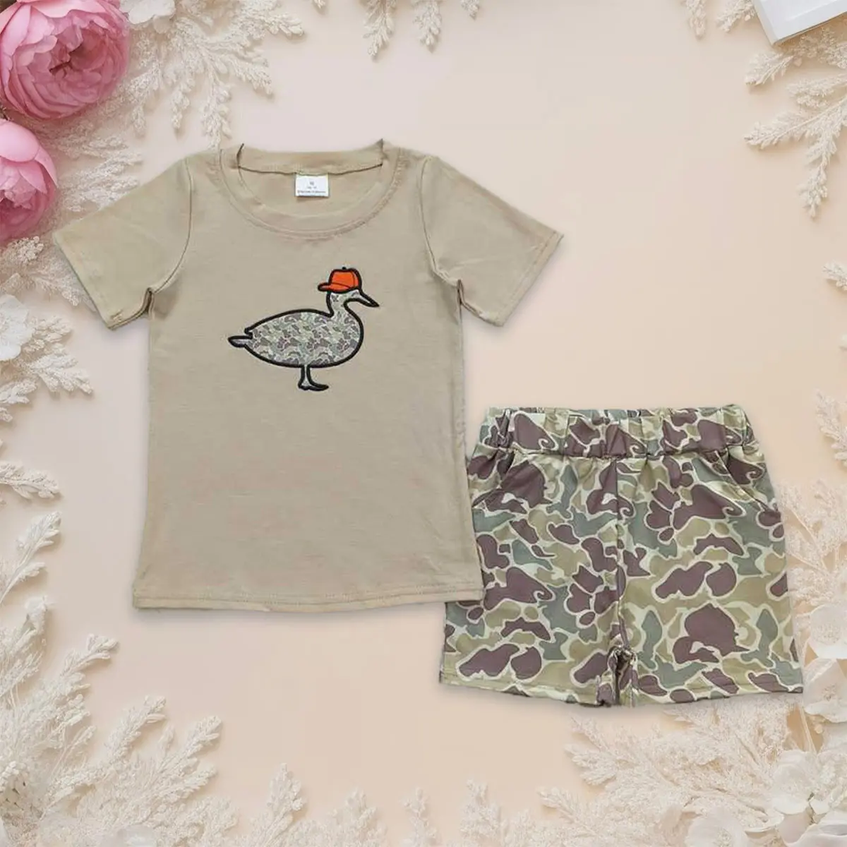 Boys' 2-Piece Cotton Outfit Set - Soft Camouflage Shirt with Pocket, Elastane-Blend Athletic Shorts with Animal Duck Embroidery for Casual Hunting Wear (4T), Pockets, Fitted, 2T, Playful Print, 3-6M, Outdoor Play, Soft Cotton Blend, Animal Embroidery, 12-