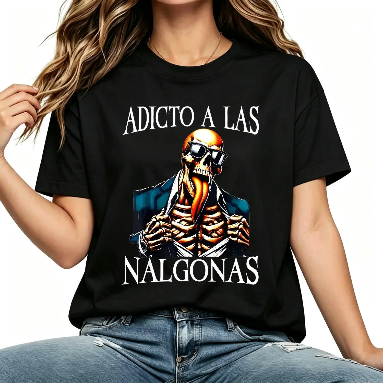 Women's Sarcastic Skeleton Graphic T-Shirt - Mexican Slang Calacas Chidas Los Nalgonas Design, Soft Breathable Regular Fit, Short Sleeve Tops, Casual Womenswear, Shortsleeve