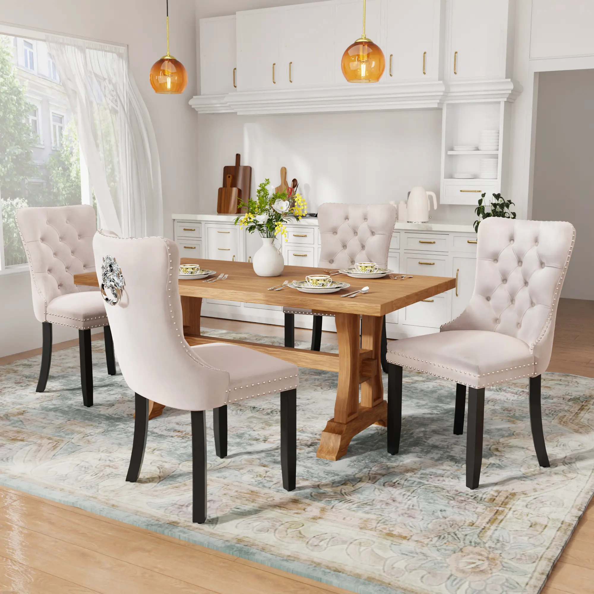 Dining Chair Set of 4，High-end Tufted Velvet Upholstered Nailhead