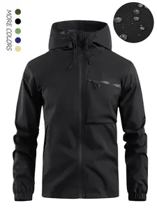 Men's Solid Pocket Drawstring Zip Up Hooded Waterproof Jacket, Regular Fit Casual Long Sleeve Windproof Jacket for Fall & Winter, Men's Clothing Jackets, Men's Outerwear for Outdoor Activities Technical Jacket, Jackets for Men Coats