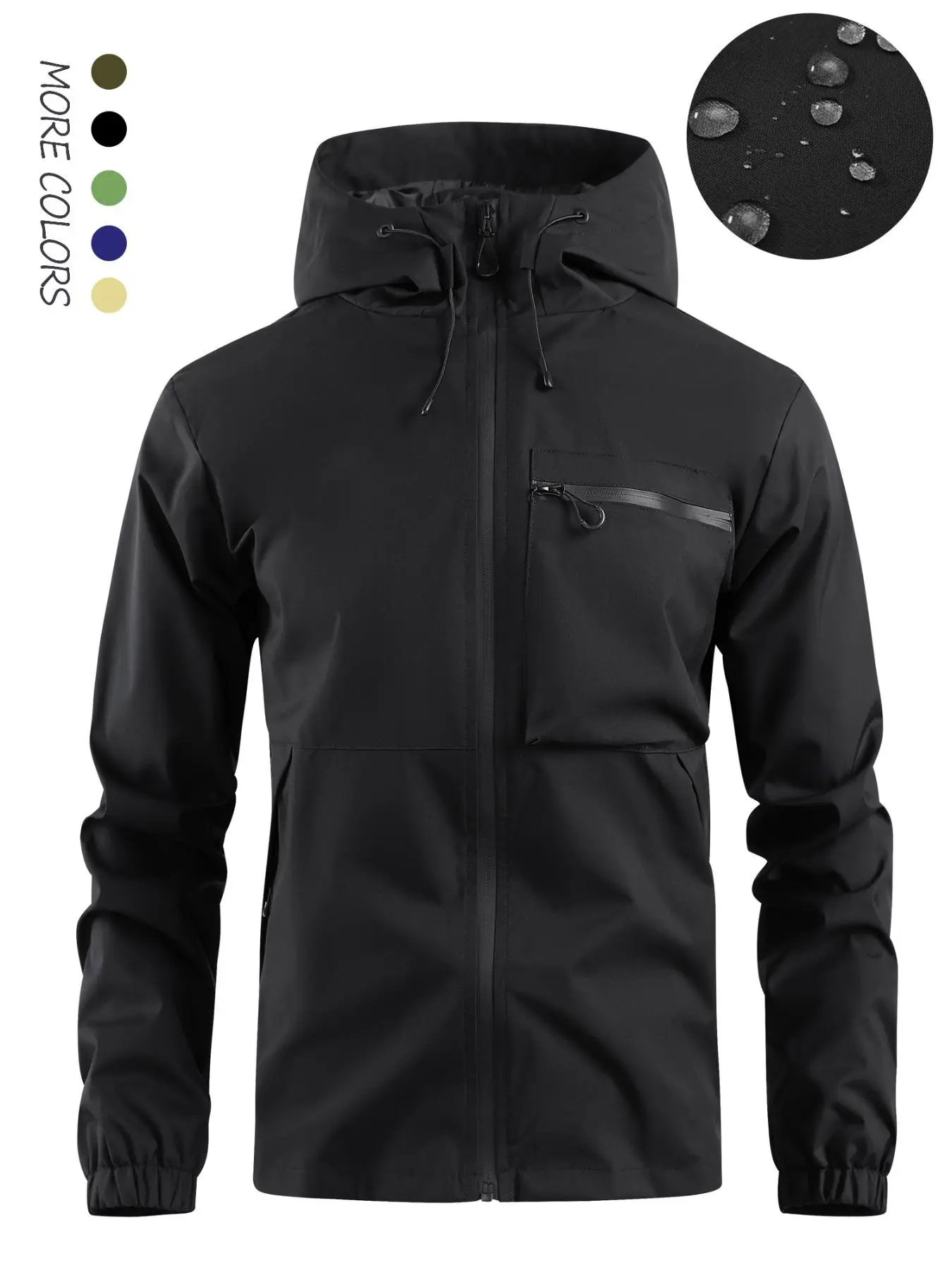 Men's Solid Pocket Drawstring Zip Up Hooded Waterproof Jacket, Regular Fit Casual Long Sleeve Windproof Jacket for Fall & Winter, Men's Clothing Jacke