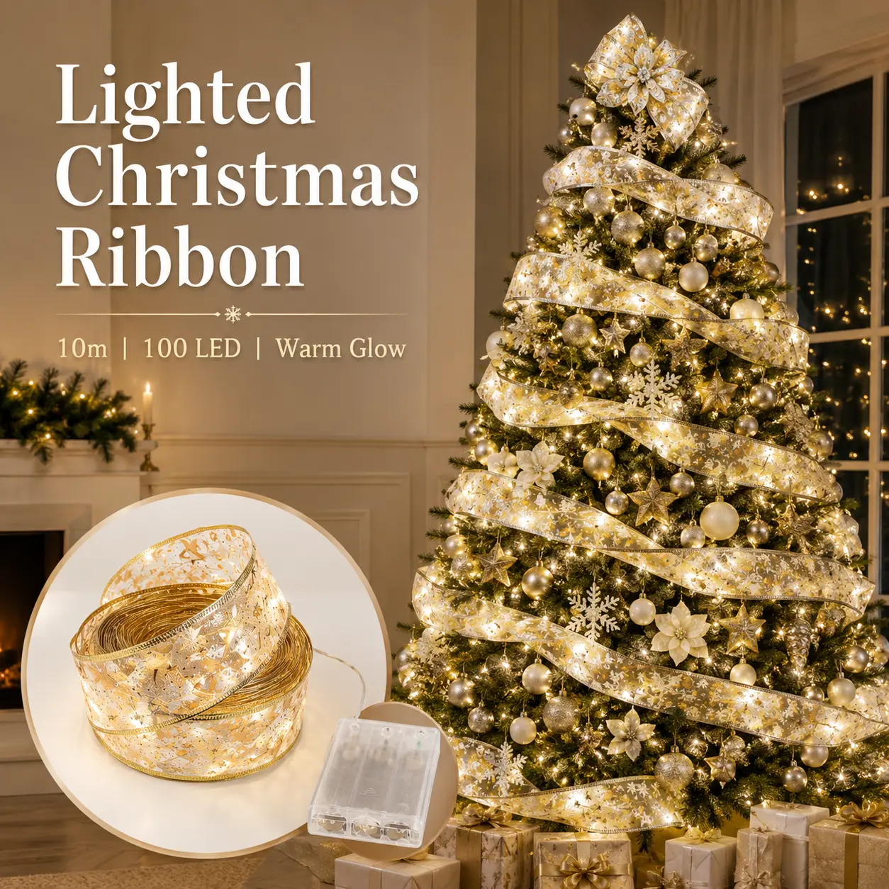 10M 100 LED Christmas Ribbon Lights - Double Layer Mesh Fabric Glowing Tree Decor, Snowflake Design Warm Light Garland for Home Holiday Decorations