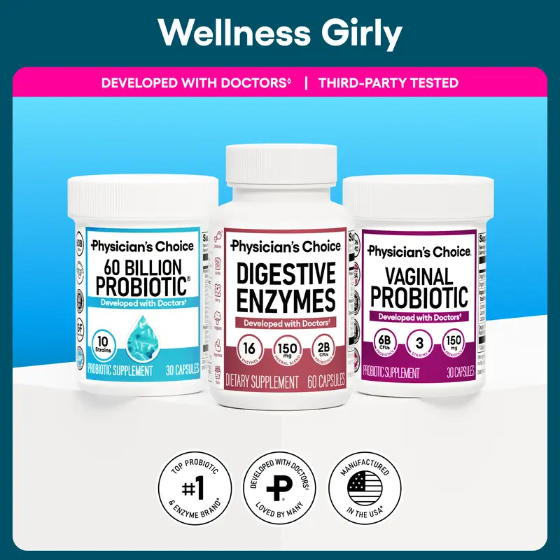 Physician's Choice Wellness Girly Stack: Feminine, Bloating & Gut Health Support with Vaginal Probiotic + 60 Billion Probiotic + Digestive Enzymes