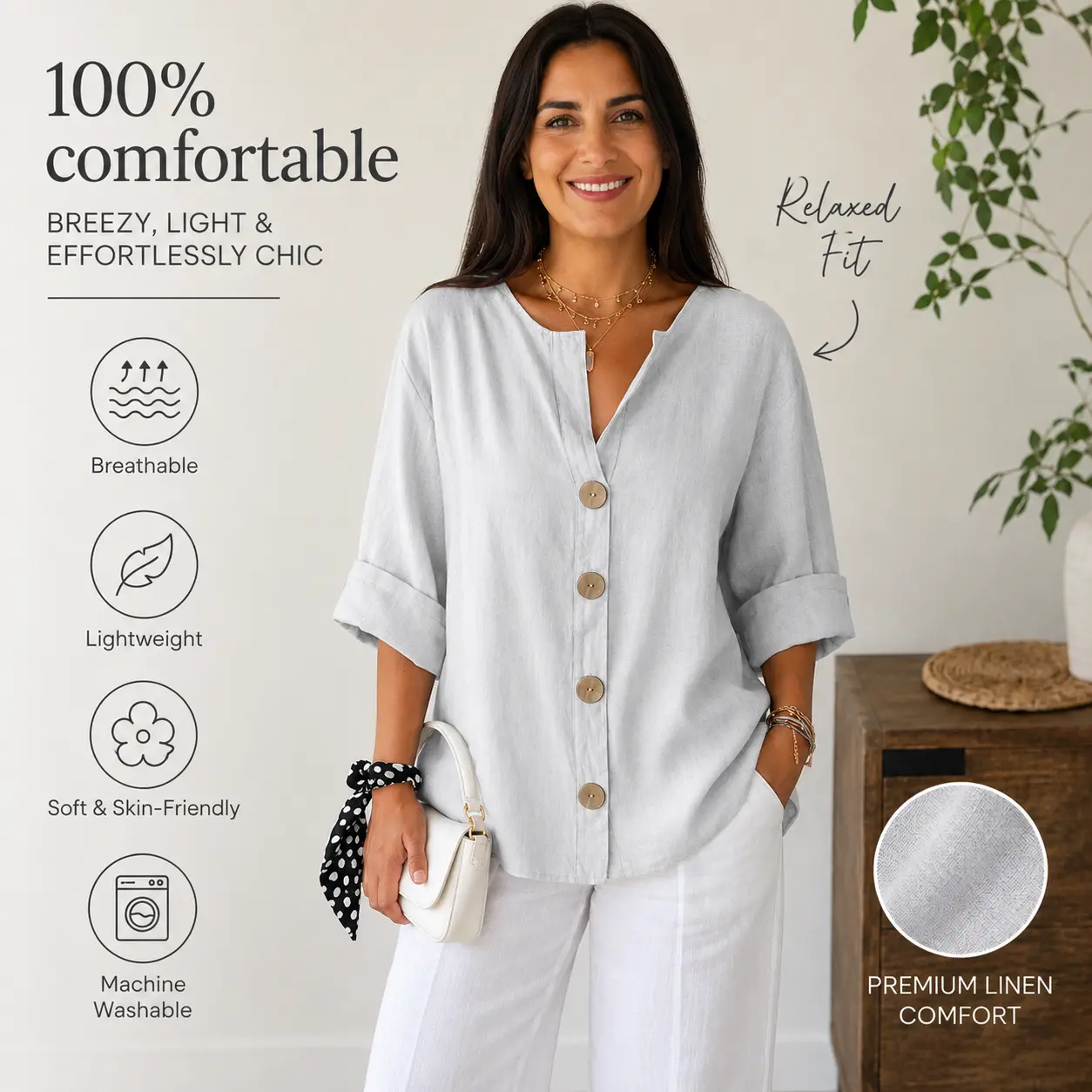 Women's Loose Fit V-Neck Button Front Cotton Linen Top, Casual Long Sleeve Shirt