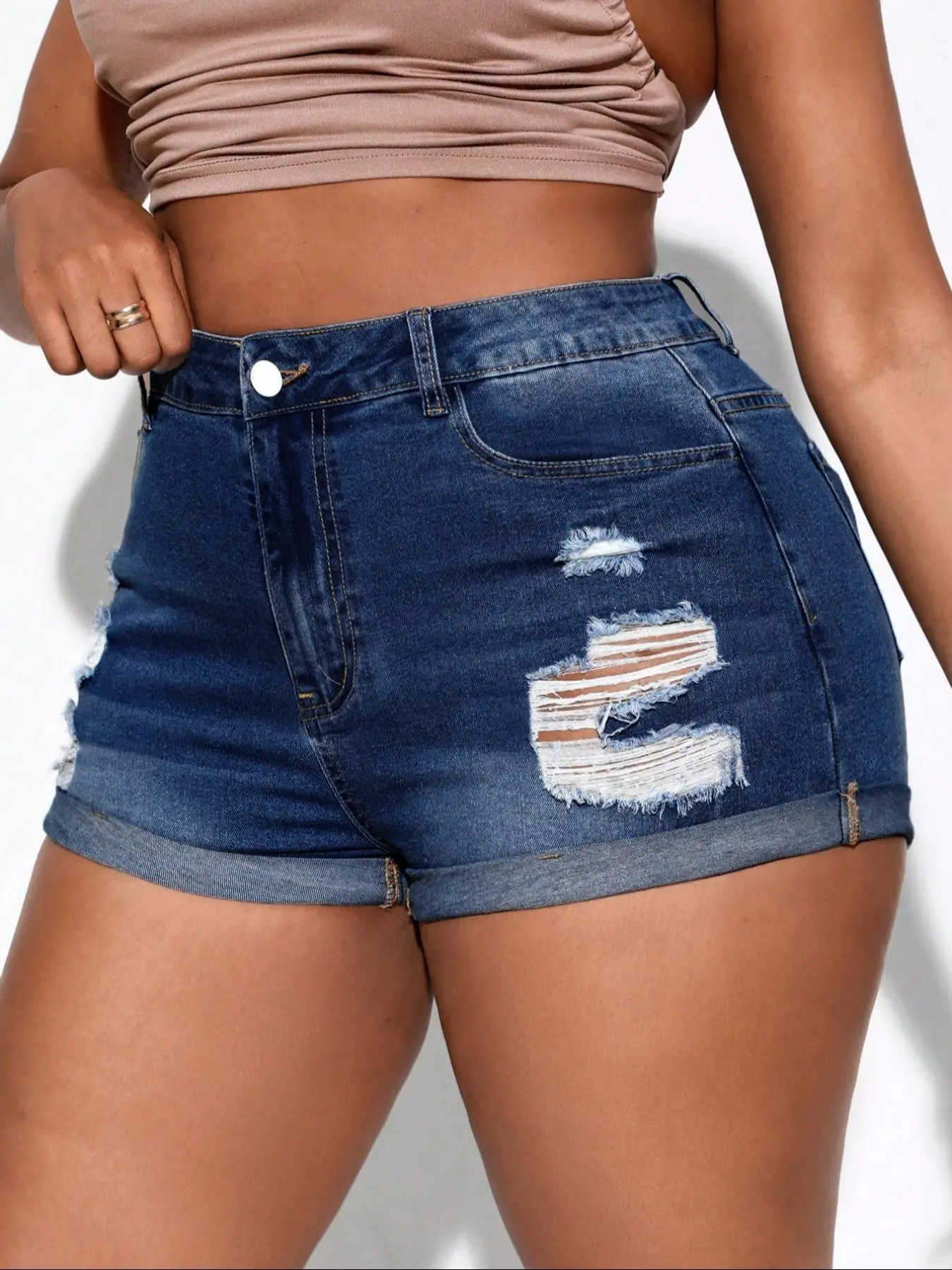 [Plus Size] Dark Wash Denim Jean Shorts, Casual Basic Fashionable Style for Daily Outdoor Wear, Women's Clothing for Summer