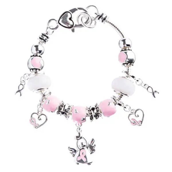 Pink Ribbon Jewelry Crystal Rhinestone Cute Dangling Link Bracelet B478 Silver