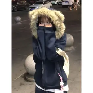Harajuku Fur Patchwork Grunge Hoodies Women Preppy Style Cartoon Vintage Casual Hooded Y2k Aesthetic Loose Sweatshirt Jacket