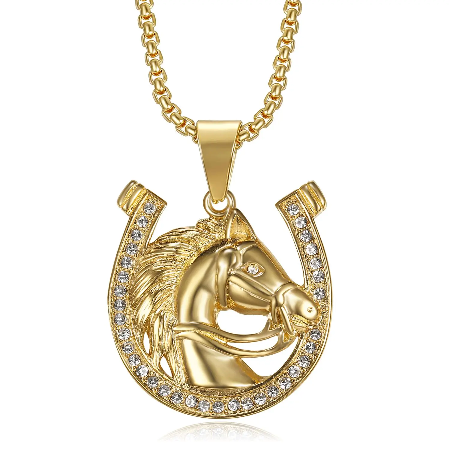 18K Gold Plated Lucky Horse Pendant Punk Rock Stainless Steel Necklace for Men Women, 24 Inch Chain Hip Hop Horseshoe Party Jewelry Gift Necklace Chains Gold Color Chain