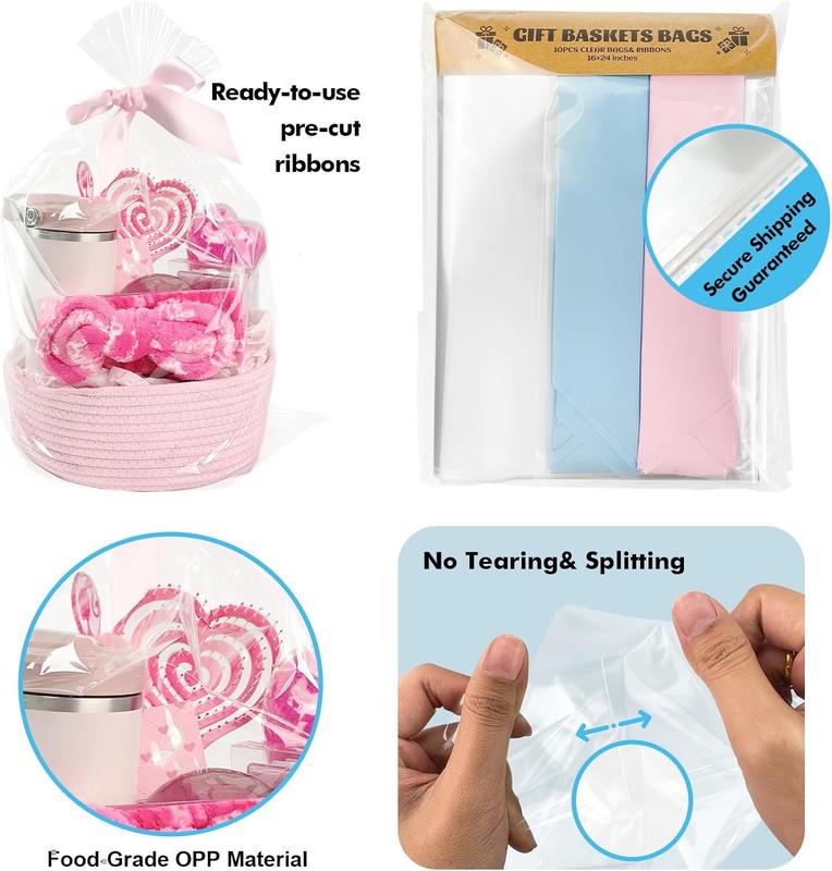 EKAPACKAGING 16X24 Inches 10 Pcs Large Cellophane Bags for Gift Baskets, Plastic Gift Basket Wrapping with Ribbons, Clear Cellophane Gift Bags for Party, Mother’S Day, Baby Showers, Christmas