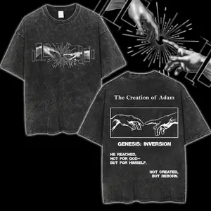 The Creation of Adam, He Reached for Himself – Self-Rebirth, Godless Creation Oversized Shirt, Vintage Washed Black, Wood Crucifix Back Print, Oversized Graphic T-shirt for Men Crewneck Cotton Menswear Top Unisex