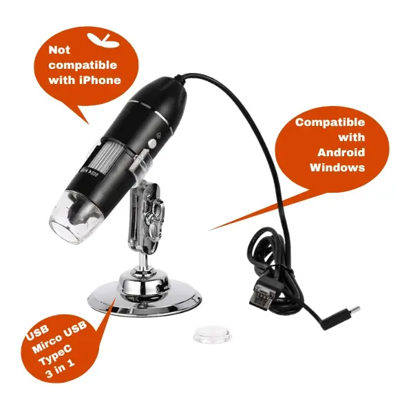 Portable Handheld Digital Microscope - 1600X 3-in-1 Type-C/USB Powered STEM Viewer, 8 LEDs, Metal Stand, Built-In Rechargeable Battery, Kids' Visual Learning Tool (Not iPhone USB Adapter Compatible, Ideal for Cell Observation), Portable Handheld Microscop