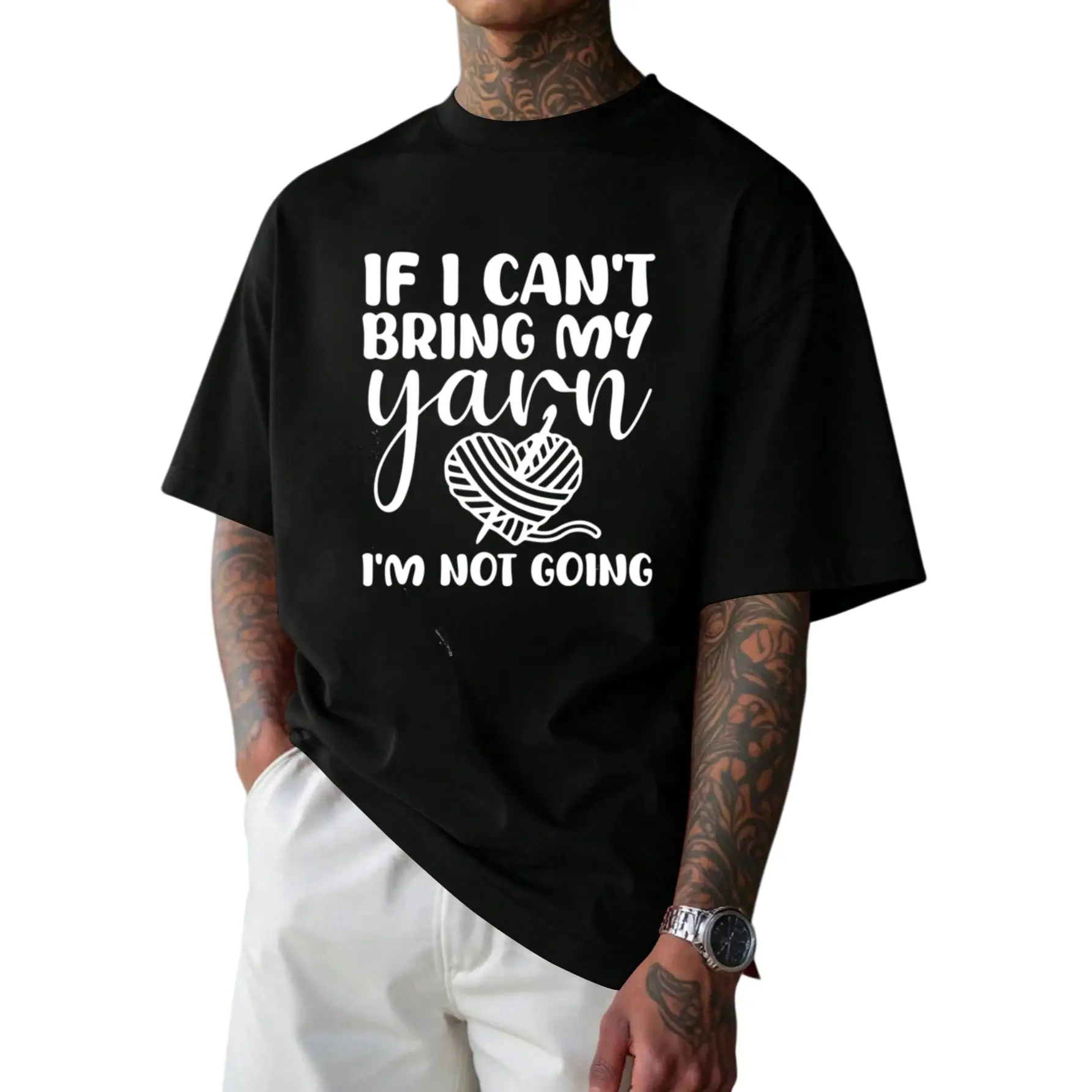 "If I Can't Bring My Yarn, I'm Not Going" Graphic T-Shirt for Knitting & Crochet Lovers - Lightweight Summer Casual Tee with Yarn Ball & Needles Design, Round Neck, Machine Washable