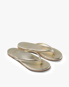 beek SUNBEAM Platinum Women's Leather Flip-Flop Sandals - Soft Memory Foam Insole, Thin Foam Straps, Rubber Outsole, Classic Summer Beach Shoes