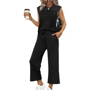 Two Piece Sets for Women Summer Spring Lounge Sets Travel Vacation Outfits Cap Sleeve Side Slit Wide Leg Pants S-3XL