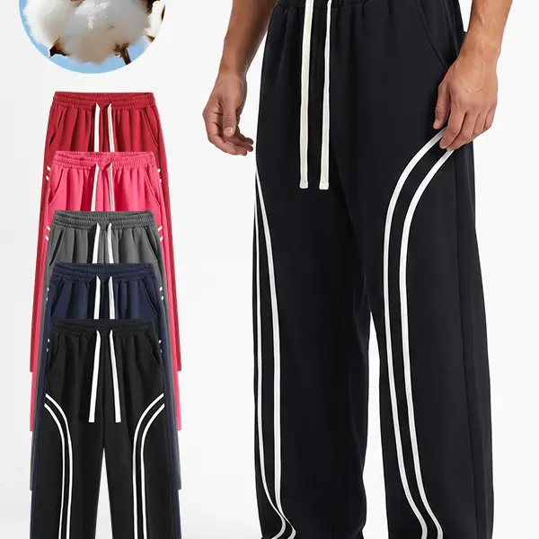 Men’s wide-leg sports pants with side double stripes, elastic drawstring waist, loose fit, street-casual style, with side pockets, available in multiple colors