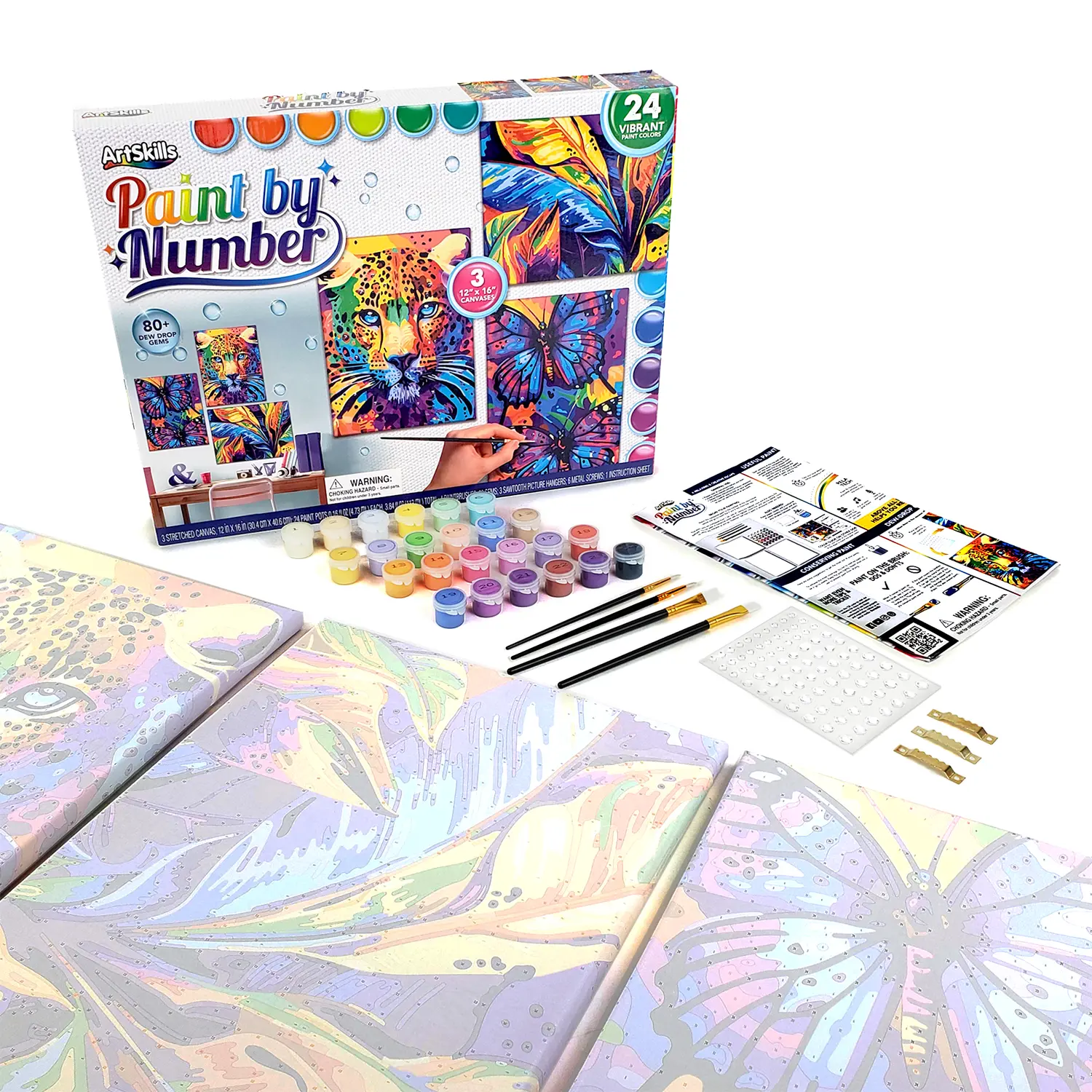 ArtSkills Tropical Paint by Number, 3 Canvas Designs Featuring Butterflies, Leopard, and Leaves with Dew Drop Gem Stickers and Paints