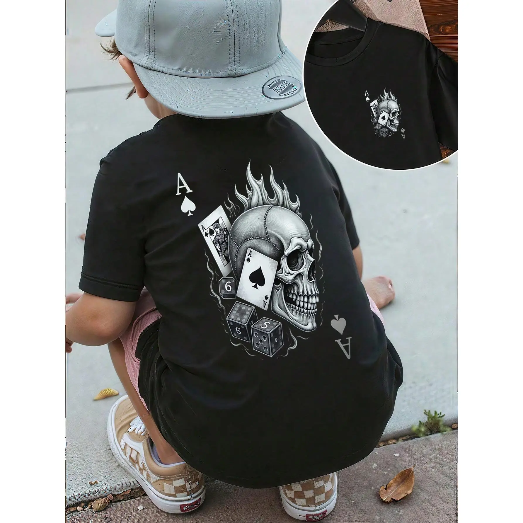 Boys Skull and Poker Graphic T-Shirt, Black Casual Style Shirts with Skull, Playing Cards, and Dice Design, Boys Spring/Summer/Fall Clothes, Halloween & Christmas & Thanksgiving Day & Easter & New Year & Spring Festival