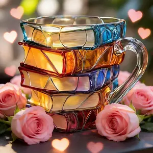 Valentine‘s Day Chapter Book Mug Glass 3D Book Mugs Birthday Gift For Women Stained Glass Cups with Stack Design, Artistic Reading Coffee Cup, Unique Literary Friendship Gifts for Women, Friends & Readers