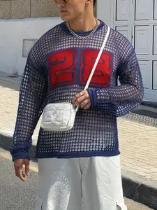Unisex Men's Number Pattern Fishing Net Sweater, Graphic Pullover, Loose Casual Long Sleeve Crew Neck Jumper for Spring & Fall, Fashion Men's Knitwear for Daily Wear