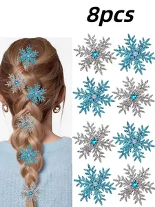Shiny Snowflake Hair Clips, 8-Piece Christmas Hair Accessories Set, Princess Elsa Frozen Cosplay Party Decorations, Blue and Silver