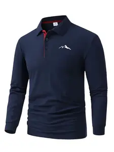 Men's Spring Fall Winter Casual Long Sleeve Mountain Print Polo Shirt, Polo Tees, Golf Style, Office/daily/golfing, Perfect Gift for Husband/father