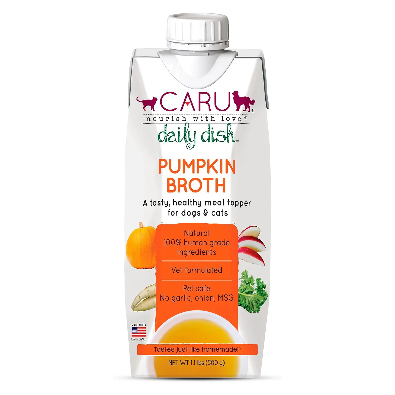 Caru Daily Dish Pumpkin Broth, Topper – Dogs & Cats – 17.6 oz, 1 Pack For Dogs & Cats - Supports Overall Health - Broth for Wet/Dry Food - Human Grade Ingredients - Non-GMO - Made in USA