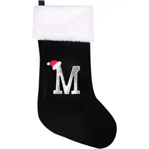 20 Inches Initial Monogram Christmas Stocking Personalized,Deluxe Black Velvet Body with Super Soft Plush Cuff Embroidered Letter,Holiday Season Decor (Black, Letter M)