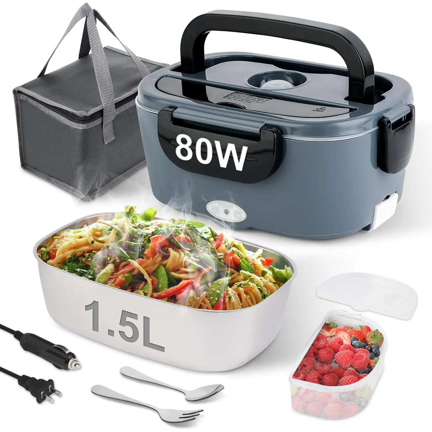 80W 1.5L Portable Electric Heated Lunch Box, Fast Heating Food Warmer for Adults, 12/24/110V, Suitable for Car Truck Work Travel, Lonchera Eléctrica Portátil
