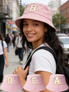 Cute Pink Bucket Hat with Chenille Letter , Preppy Style, Perfect for Campus, Beach Trips  Daily Outfits, Must-Have Summer Sun Hat for Sweet Girls