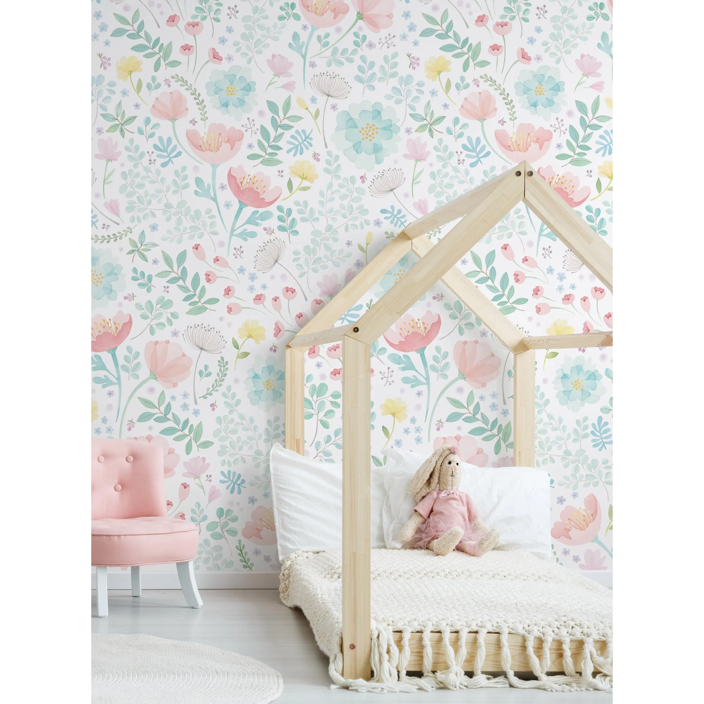 Whimsy Fantasy Playful Floral Watercolor Mural Peel-and-Stick Wallpaper, Renter-Friendly Accent Wall Decor for Home, Decor Inspo Building Supply