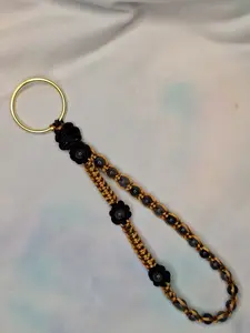 Handmade Macrame Keychain - Elegant Black & Gold with Flower Details