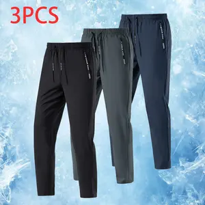 Men’s Summer Ice Silk Quick-Dry Straight-Leg Pants, Breathable, Drawstring Waist, Fitness/Sports/Casual, Pack of 3, Athleisure Style Pants, Sportswear Bottoms