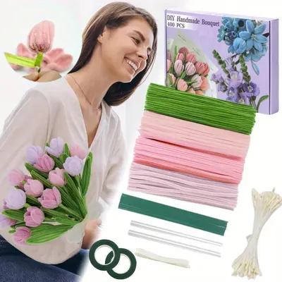 320pcs Pipe Cleaners Flowers Kit, Green Pink Pipe Cleaners