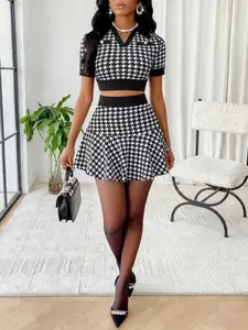 Women's Fashion Houndstooth Print V-Neck Short Sleeve Jacket & Flared Umbrella Hem Mini Skirt Set, Sexy Slim-Fitting Two-Piece Outfit