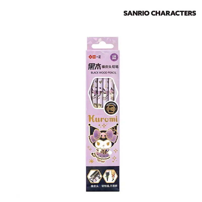 Sanrio Kuromi Black Wood HB Pencil, Cute Cartoon Hexagonal Kids Pencil with Eraser