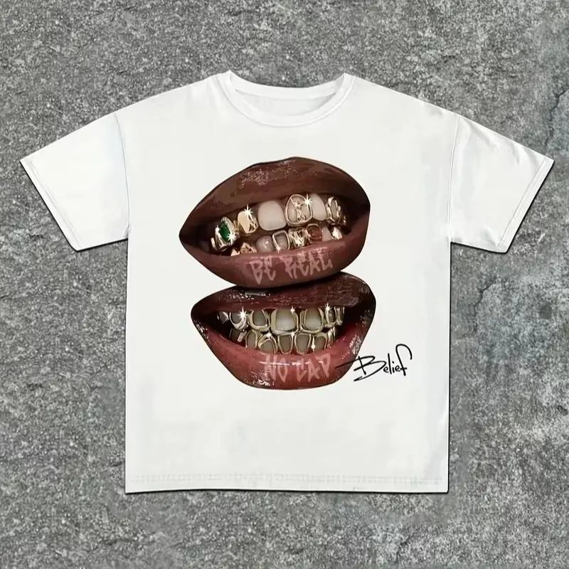 100Cotton Men "Be Real No Cap" Grillz Lips Hip Hop Graphic T Shirt Retro Streetwear Print Casual Cotton Short Sleeve Tops