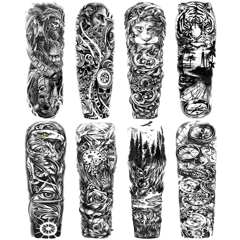 8 Large Lion Tiger Zeus Full Arm Temporary Tattoos, Arm Sleeve Tattoos, Waterproof Realistic Body Art Stickers, for Men and Women, Party and Daily Use, Peel Off Tattoo, Tattoo Arm Sleeves