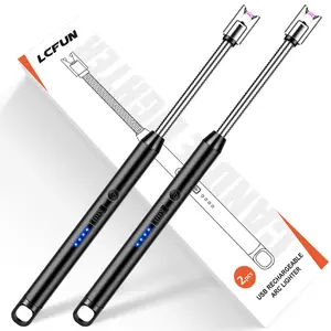 LcFun Candle Lighter Electric Arc Windproof Lighters USB Rechargeable Lighter with LED Battery Display 2 Pack Flameless Long Lighters for Candle Grill BBQ Camping Fireplace Stove (Double Black)