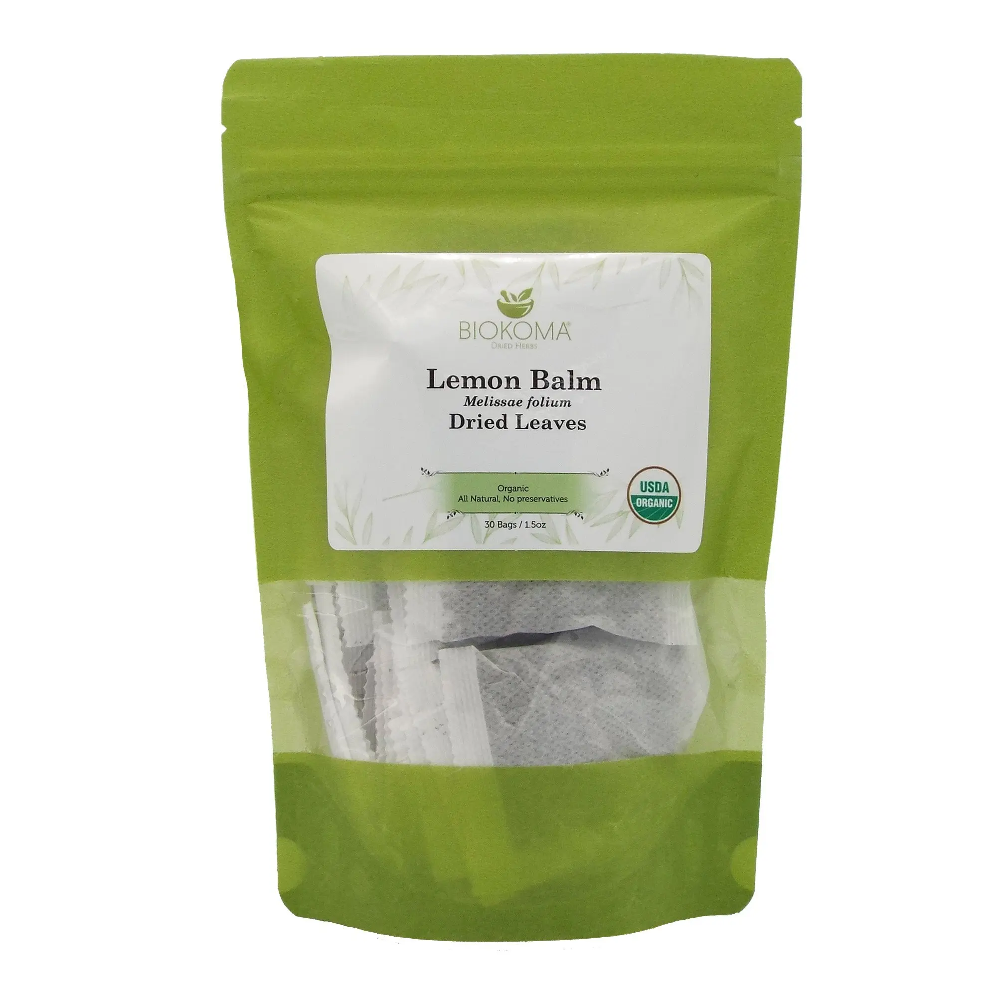 Biokoma Pure and Organic Lemon Balm (Melissae folium) Dried Leaves 30 Tea Bags 1.5oz In Resealable Moisture Proof Pouch,USDA Certified Organic-Herbal Tea,No Additives,No Preservatives, No GMO, Kosher