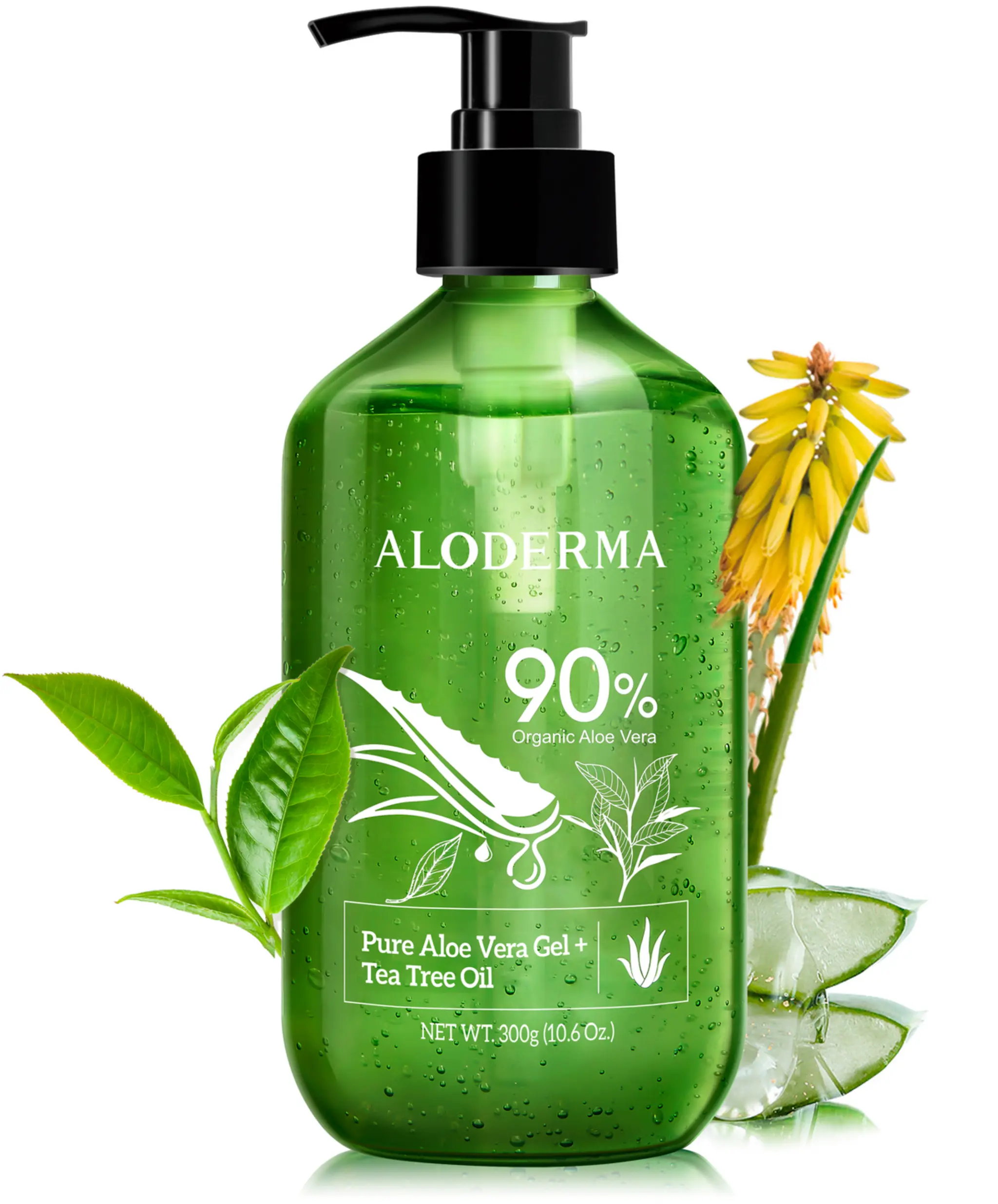 Aloderma Aloe Vera Gel + Tea Tree Oil, Made within 12 Hours of Harvest with 90% Organic Aloe Vera, Multipurpose Use for After Sun, Hair,  Scalp, and Face or Shaving Gel & Aftershave - 10.6Oz